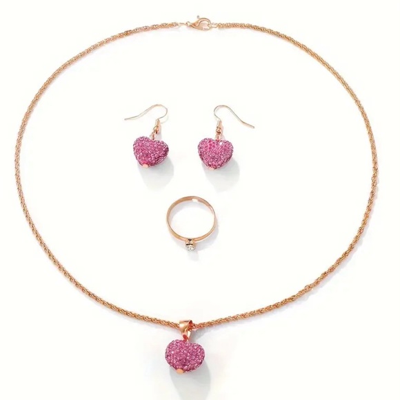 NIP! Set! Sparkling Pink Heart Earring & Necklace! Sparkling Pink Rhinestones! - Picture 5 of 14